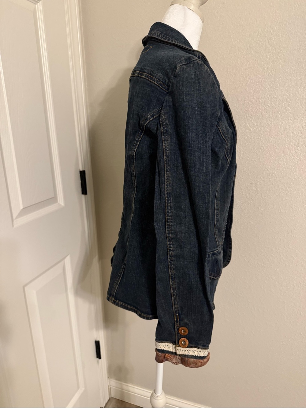 Vintage Dark Blue Denim Blazer with Paisley Trim - Picture 2 of 7